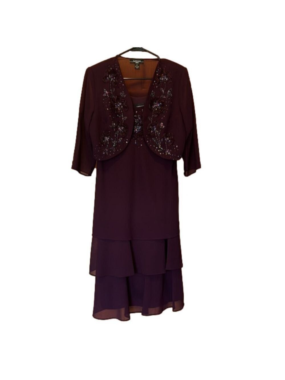 Plum Purple Sleeveless Tiered Beaded Midi Dress w Matching 3/4 Sleeve Jacket 12P